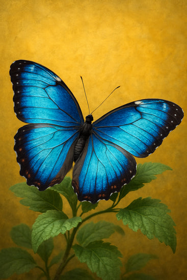 Close-up van een blauwe vlinder rustend op groene bladeren tegen gouden achtergrond