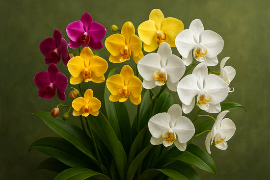 Diamond painting met kleurrijke orchideeën tegen groene achtergrond
