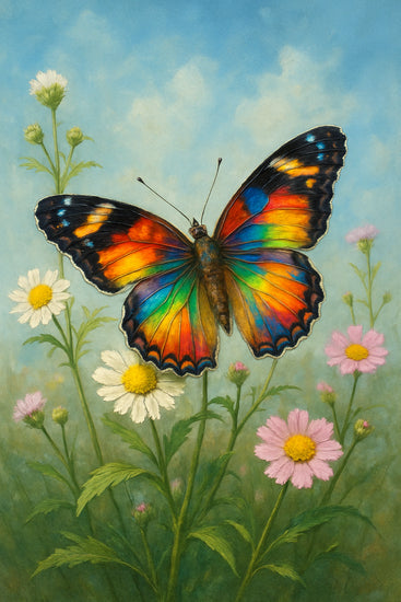 Diamond painting van kleurrijke vlinder op een veld vol wilde bloemen
