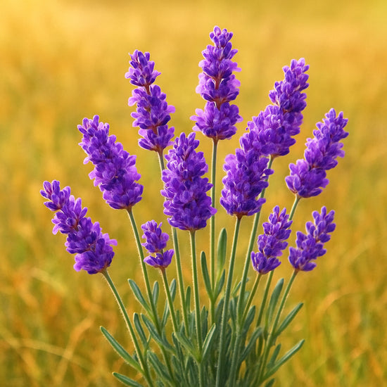 Lila lavendelbloemen met groene stengels in zonnige gouden weide