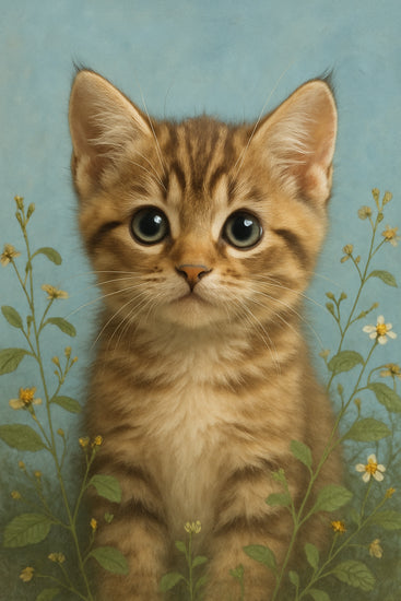 Schattige kitten met grote ogen en bloemen