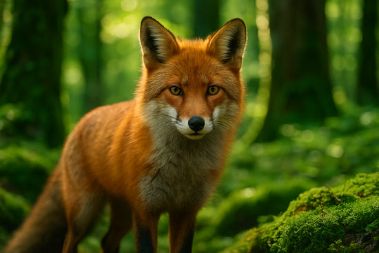 Rode vos met scherpe blik in groen bos met zonlicht