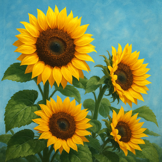 Stralende zonnebloemen met gouden blaadjes tegen heldere blauwe lucht