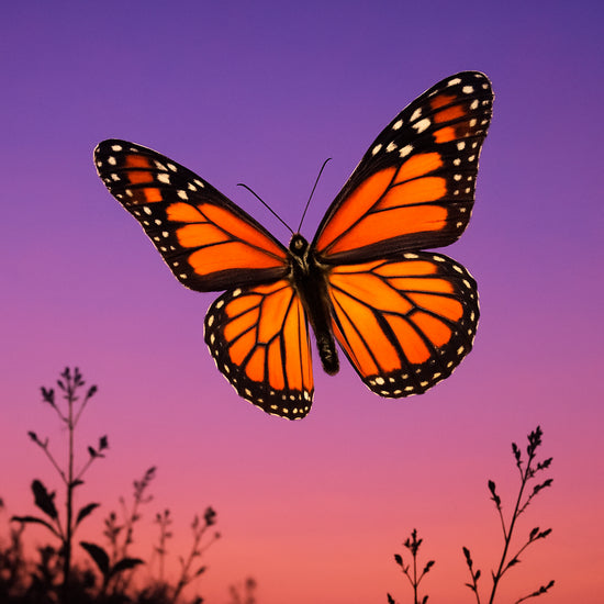Vlinder met oranje-zwarte vleugels zweeft tegen kleurrijke zonsonderganghemel