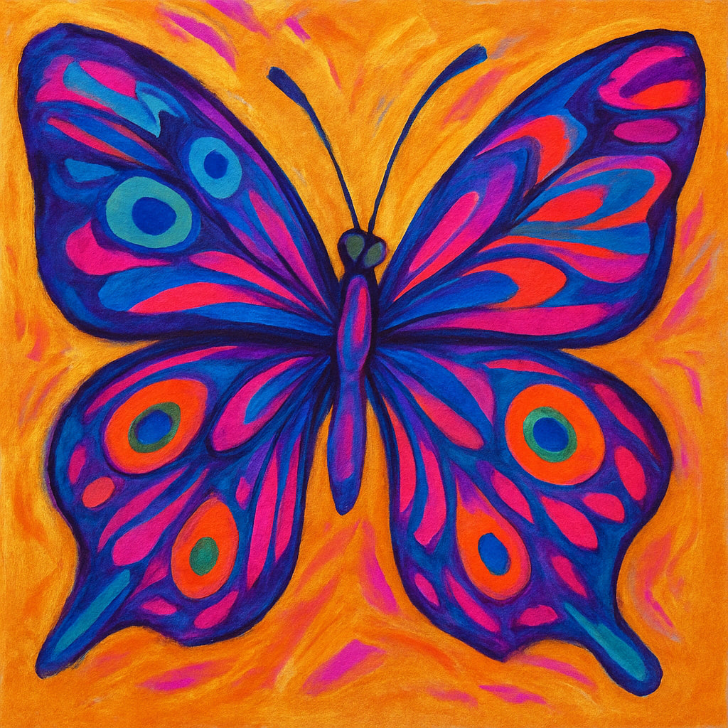 Abstracte vlinder in levendige kleuren blauw, paars, roze met oranje en groene accenten op gouden achtergrond