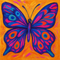 Abstracte vlinder in levendige kleuren blauw, paars, roze met oranje en groene accenten op gouden achtergrond