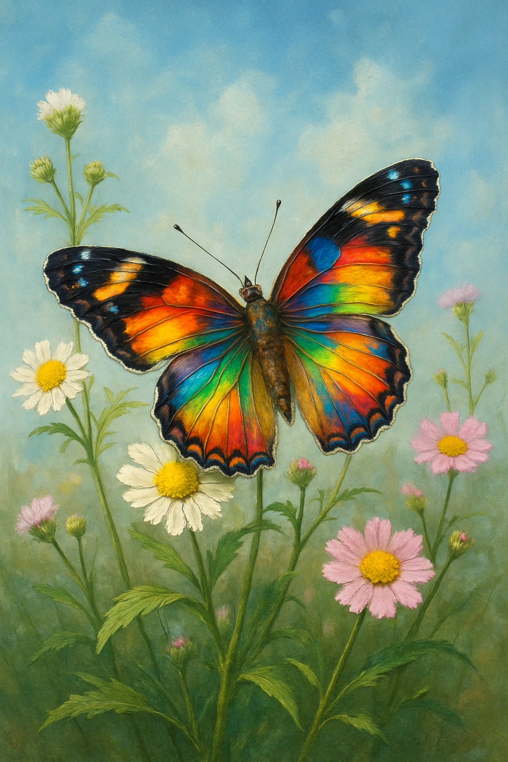 Diamond painting van kleurrijke vlinder op een veld vol wilde bloemen