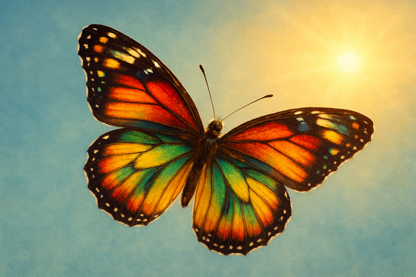 Vlinder met kleurrijke vleugels zwevend voor de zon