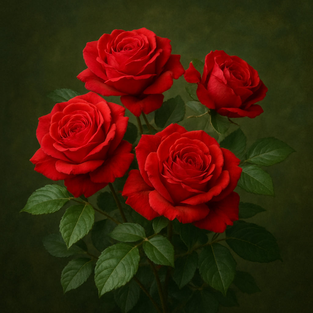 Diamond painting van levendige rode rozen met groene achtergrond