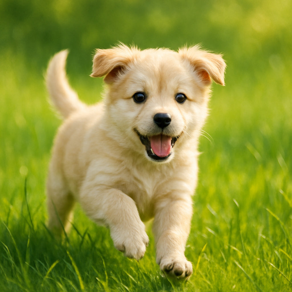 Diamond painting van een speelse puppy met zachte vacht die vrolijk speelt in levendig groen gras