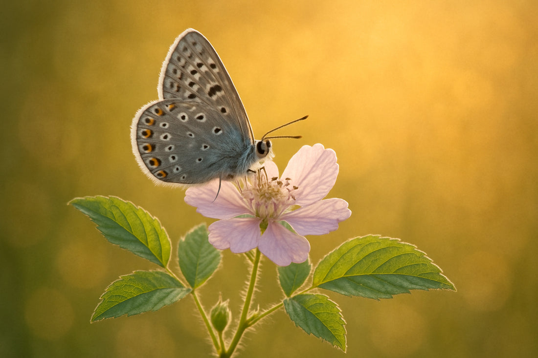 Fijne vlinder op een roze bloem in warme ochtendzon