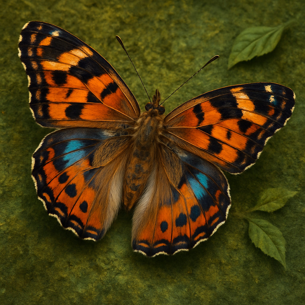 Diamond painting van een kleurrijke vlinder close-up met gedetailleerde vleugels op een groenige achtergrond