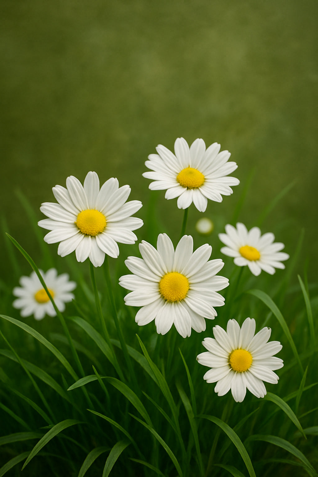Een groep witte madeliefjes met gele hartjes in fris groen gras