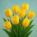 Diamond painting van heldere gele tulpen met groene bladeren tegen een blauwe achtergrond