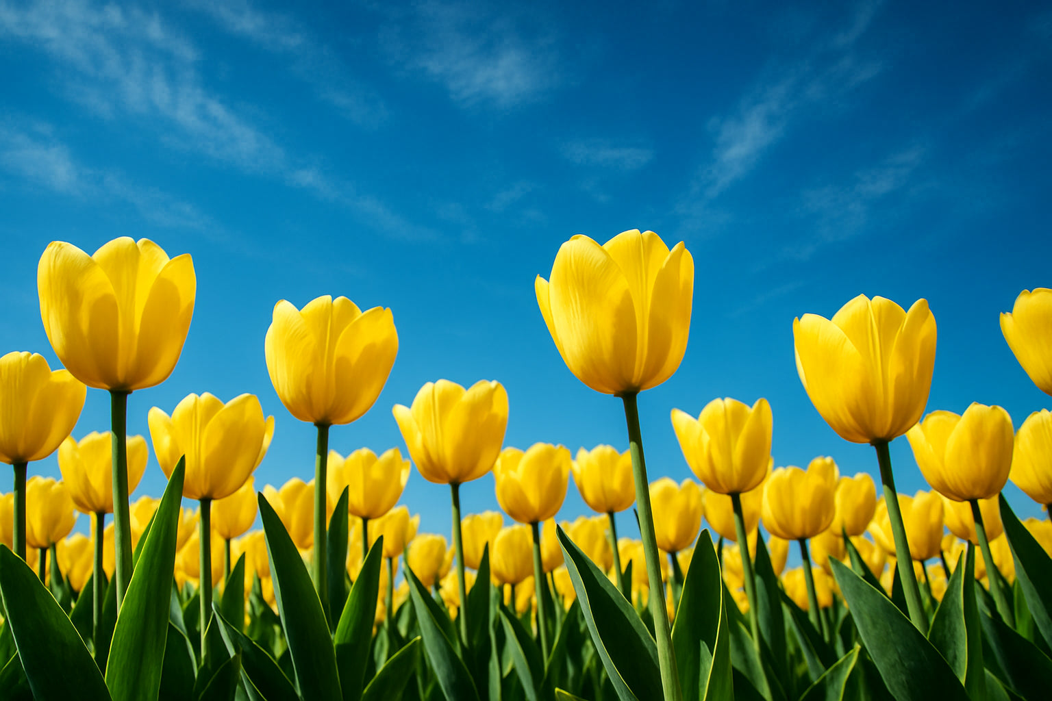 Veld gele tulpen met blauwe lucht en zonneschijn