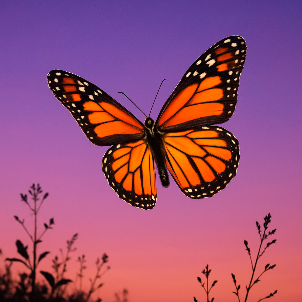 Vlinder met oranje-zwarte vleugels zweeft tegen kleurrijke zonsonderganghemel